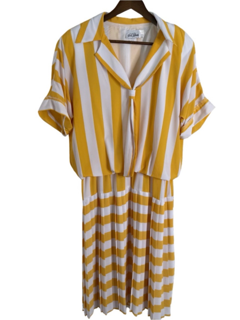 Vintage Retro John Roberts Yellow White Striped Pleated Midi/Maxi Dress